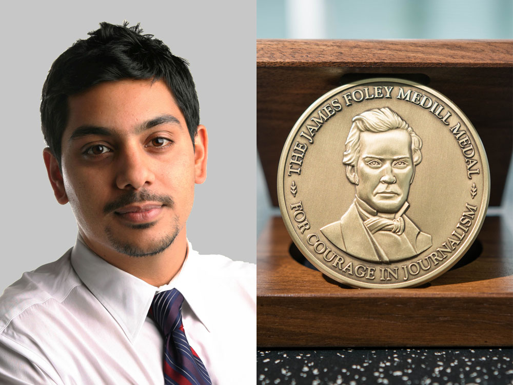Headshot photo of Azam Ahmed on the left; photo of the James Foley Medill Medal for Courage in a wooden box on the right