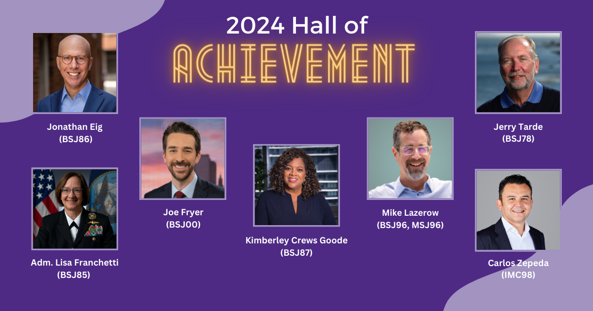 Headshots of the seven Medill alumni who are being inducted into the Medill Hall of Achievement Class of 2024.