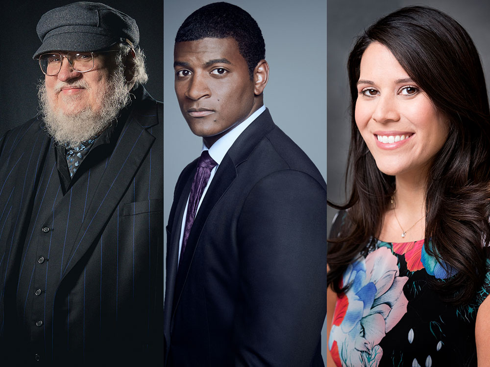 Side-by-side headshots of George R. R. Martin, Omar Jimenez and Andrea Valdez
