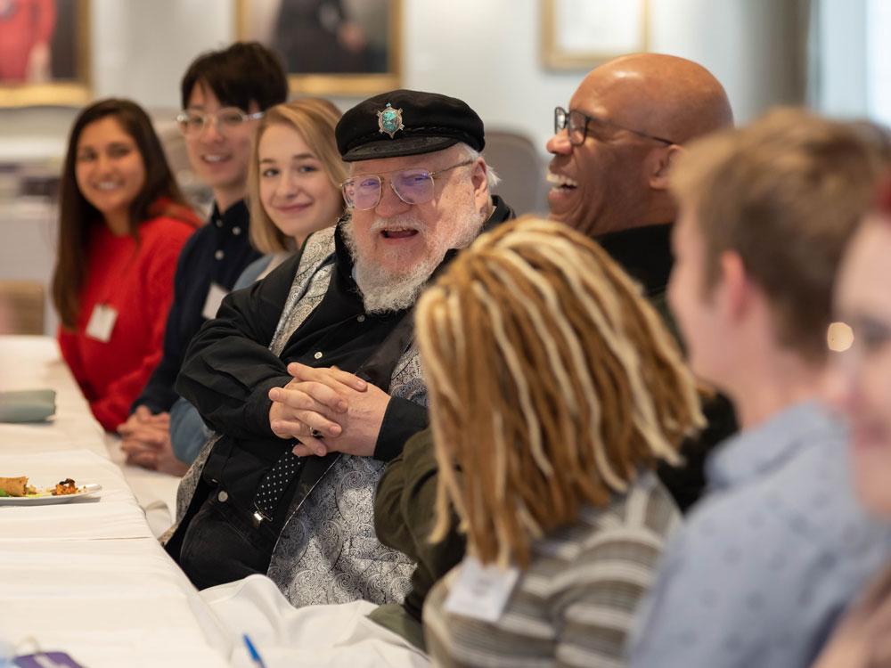 Medill alumnus George RR Martin laughs as he tells students a story