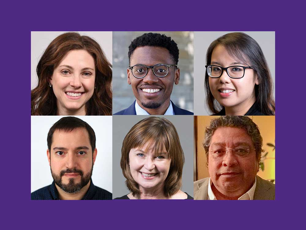 Headshots of new faculty on purple background.