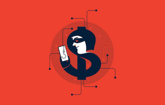 Graphic of a burglar in the shape of a dollar symbol holding a cell phone.