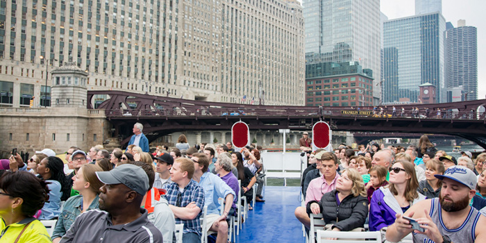 Students on a boat tour of Chicago