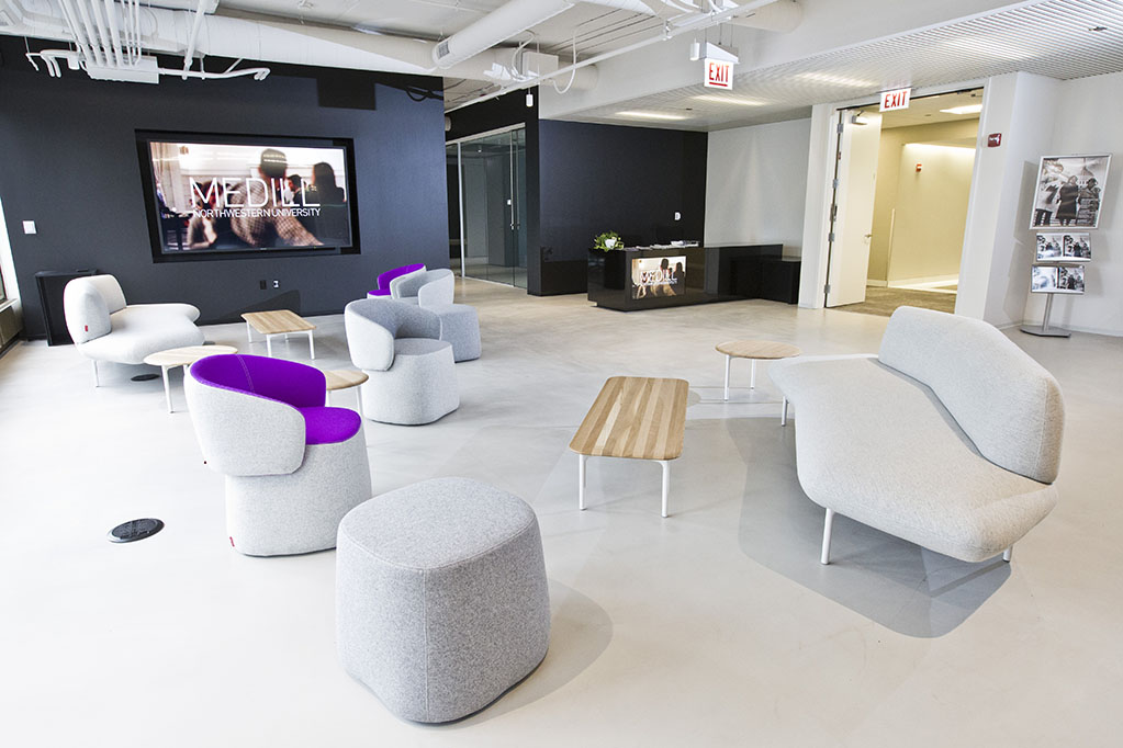 IMC Medill Chicago collaboration space with couches and chairs.