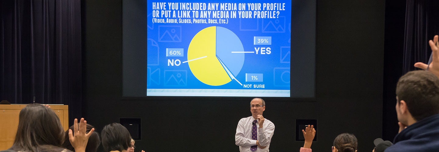 A professor standing in front of a lecture slide that reads "Have you included any media in your profile or put a link to any media in your profile?" while students raise their hands to answer.