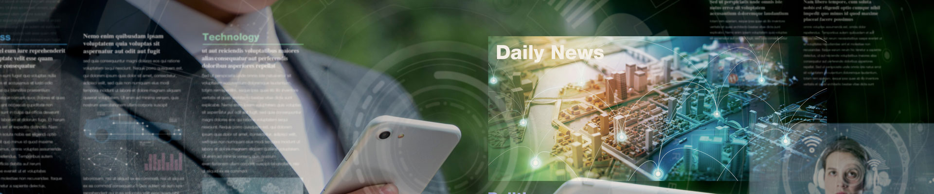 A person holding a cellphone and ipad with digital news clips overlaid across the image.