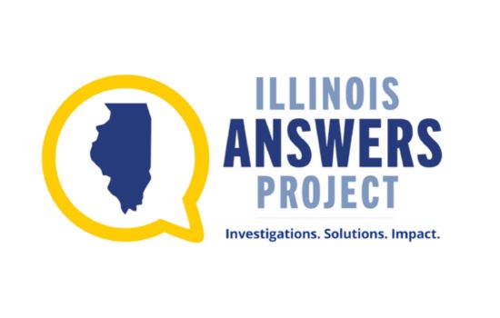 Illinois Answers Project logo: a navy Illinois silhouette inside a yellow speech bubble, with blue text and the tagline “Investigations. Solutions. Impact.”