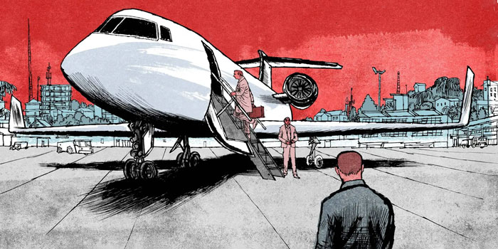 An artist’s rendering shows the scene at the airport in Guinea in 2020 when, according to U.S. authorities, two prominent businessmen flew to Lebanon with money bound for the terrorist group Hezbollah.