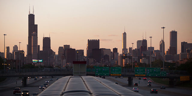 Chicago skyline at sunset