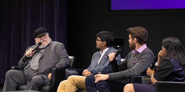 George RR Martin speaking at Medill with students.