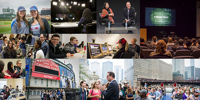 A collage of photos that show different Medill Fridays experiences, such as students attending a Chicago Cubs game.