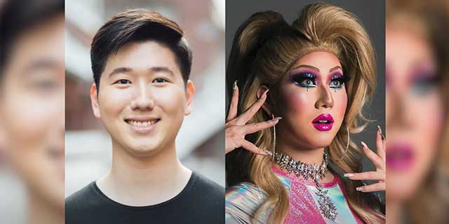 Eric Shin dressed in a black shirt on the left. On the right, Eric is dressed in his drag persona, Erica Chai, in a pink and silver outfit with full hair and makeup. 