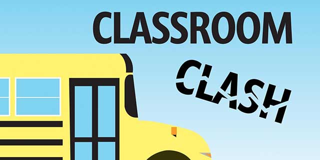 Illustration of a school bus on a blue background titled Classroom Clash.