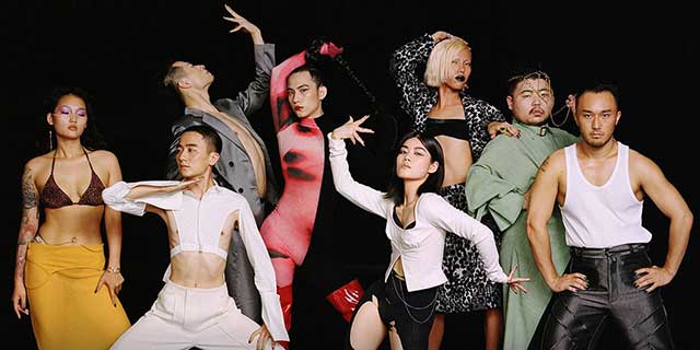 Individuals dressed extravagantly pose while demonstrating dance moves.