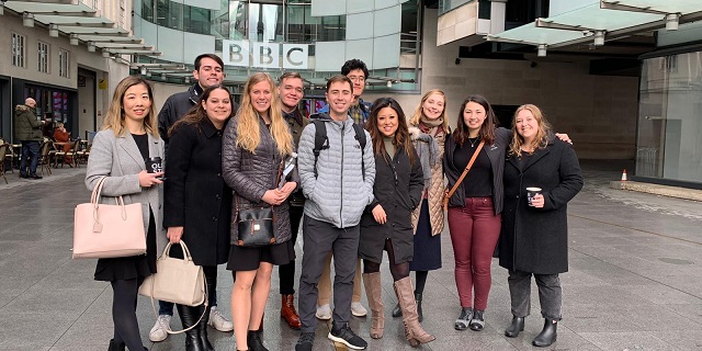 A group of students outside of BBC headquarters in London.