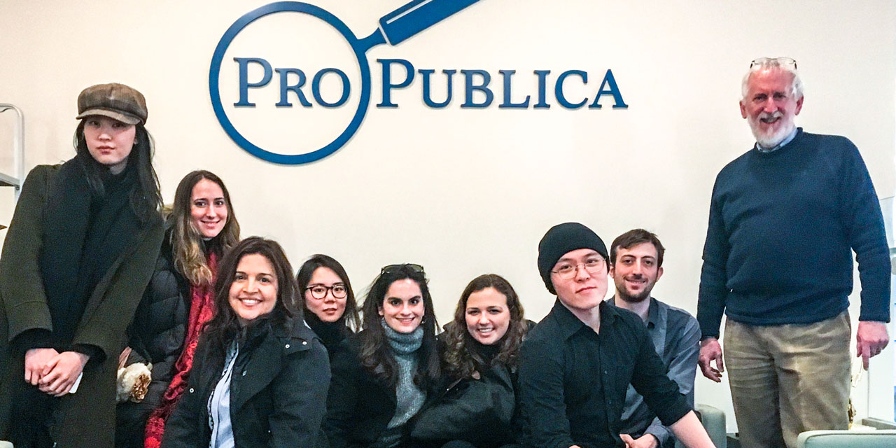 Medill Media Innovation and Entrepreneurship students pose for a photo at the ProPublica office in New York City.