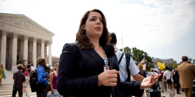 A student records a broadcast in Washington D.C.