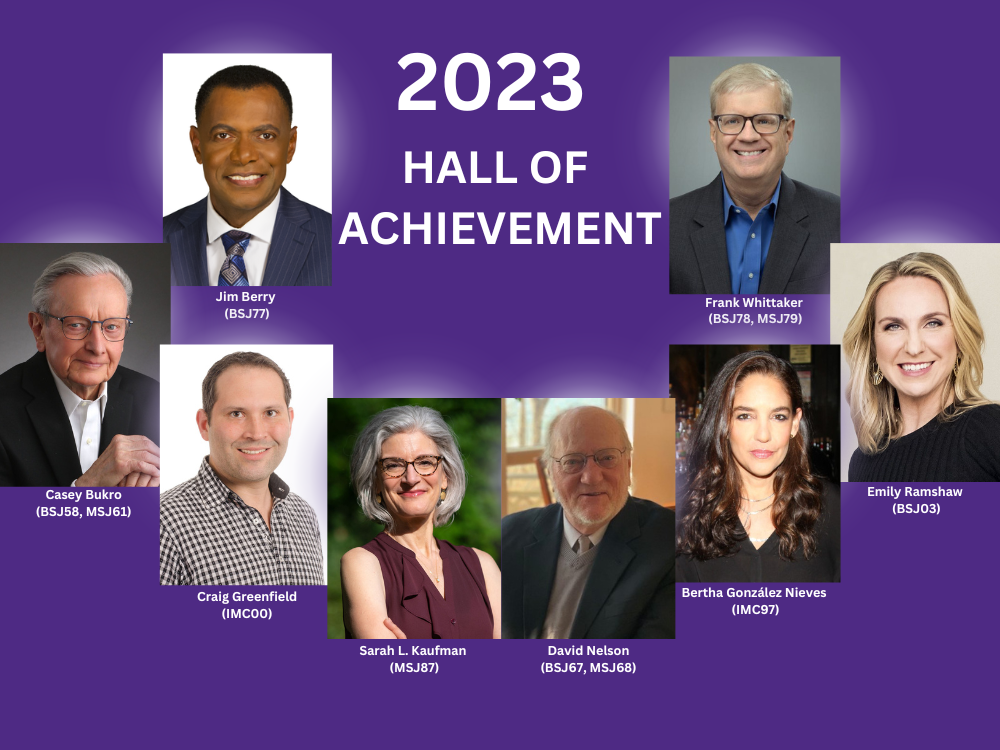 Headshots of the eight Medill alumni who are being inducted into the Medill Hall of Achievement Class of 2023.