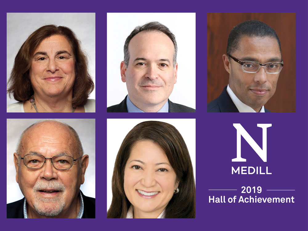 Headshot photos of the five 2019 inductees into the Medill Hall of Achievement
