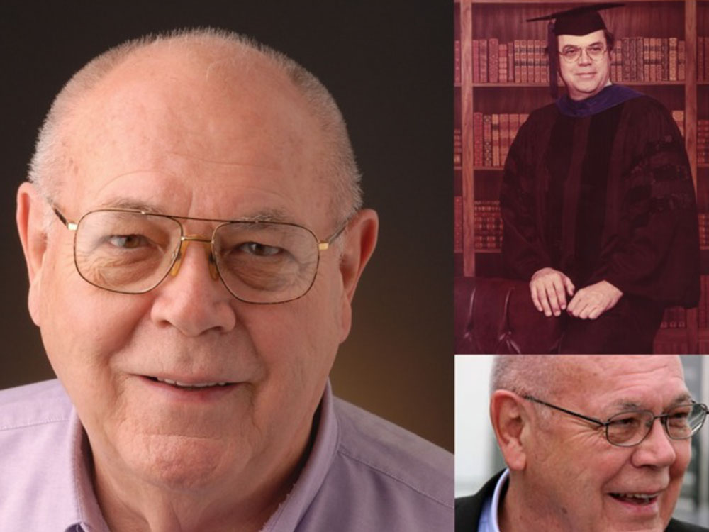 Two headshot photos of Don Schultz and a photo of him in his graduation regalia