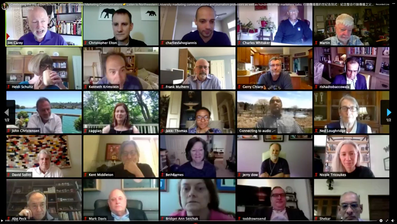 An image of the virtual memorial that was held for Don Schultz. Many people are pictured individually from various locations on the video call.