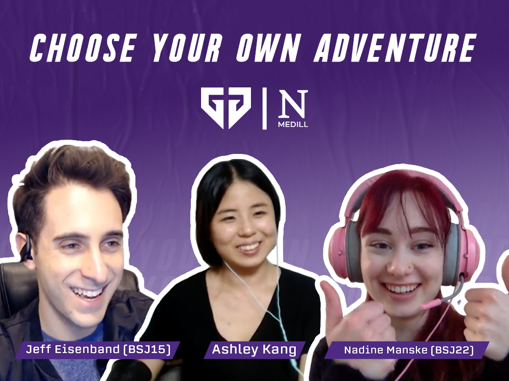 "Choose Your Own Adventure" with Gen G and Medill logos. Jeff Eisenband and Ashley Kang smile as Nadine Manske gives two thumbs up.