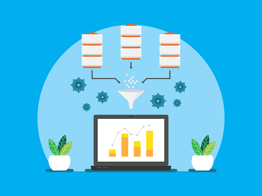 Illustration of a computer with a funnel above it. Pixels of "data" are being poured into the funnel"