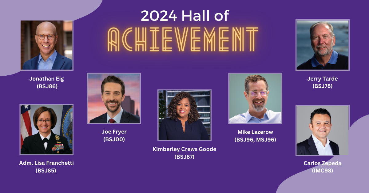 Headshots of the seven Medill alumni who are being inducted into the Medill Hall of Achievement Class of 2024.