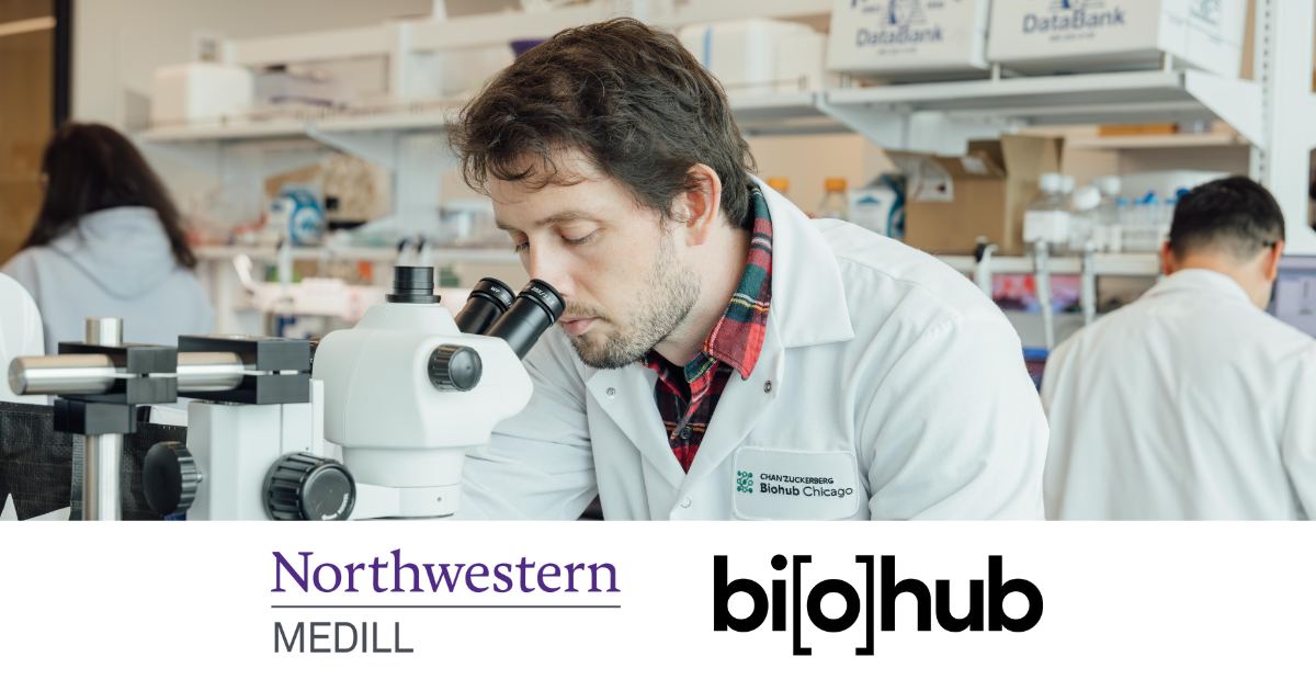 A man in a white lab coat looking into a microscope. Below the image are the logos for Northwestern Medill and Chan Zuckerberg Biohub Chicago.