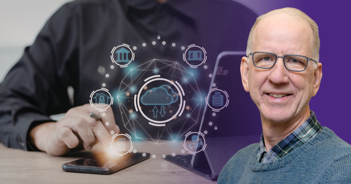 A smiling Edward Malthouse is overlaid on a digital theme. In the background, a person interacts with a smartphone displaying cloud technology icons.