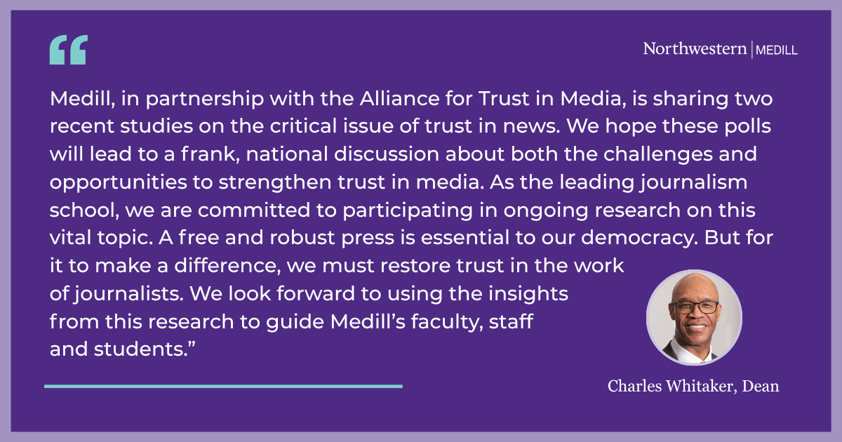Purple Northwestern Medill quote graphic: Dean Charles Whitaker discusses two studies on trust in news, hopeful polls, and journalism’s role; portrait at right.