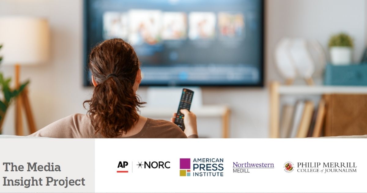 A woman with a ponytail sits on a couch watching TV, holding a remote. Below, logos of AP, NORC, Northwestern Medill, and Philip Merrill College of Journalism are displayed.