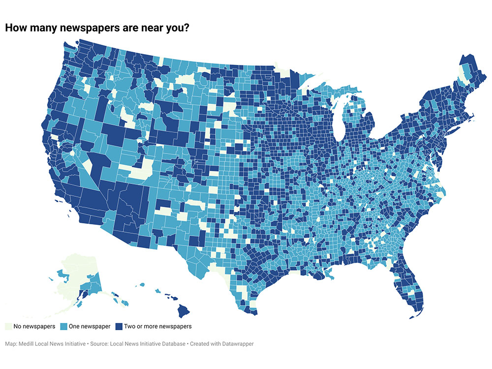 A color coded map of the United States by county showing which locations have no newspapers, one newspaper or two-plus newspapers.