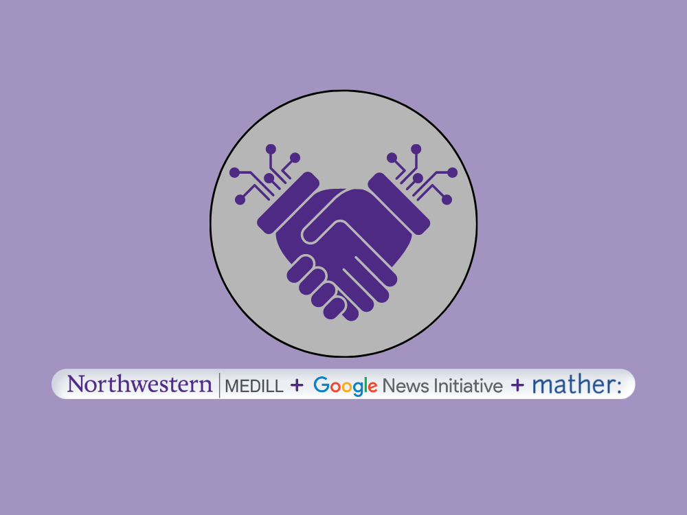 An illustrated pair of hands shake above the Medill, Google News Initiative, and Mather Economics logos.